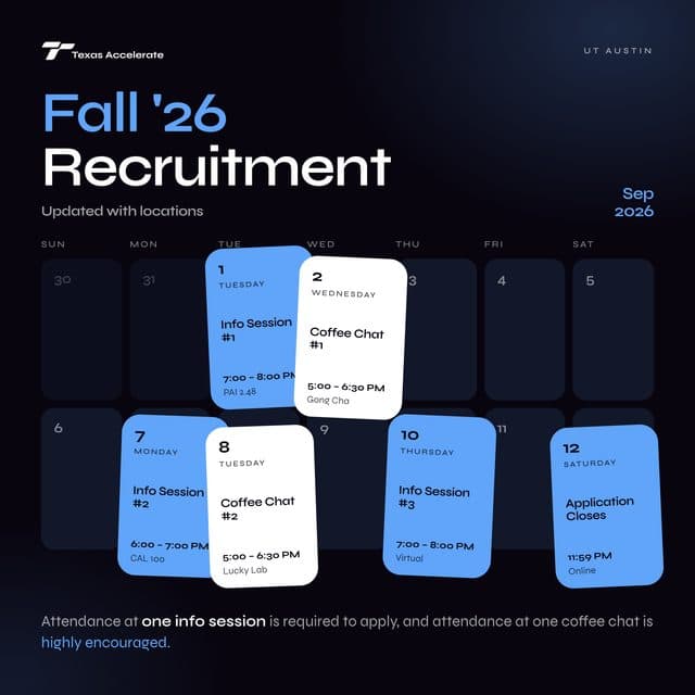 Fall 2026 recruitment calendar for September, updated with locations for info sessions and coffee chats